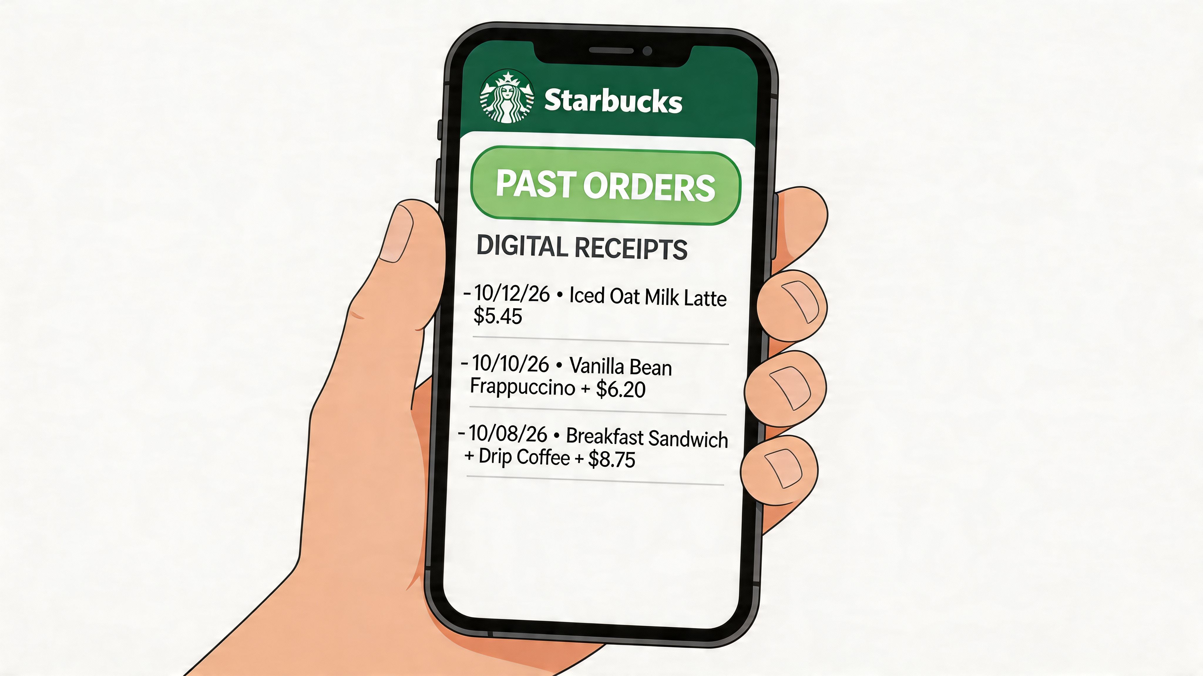 A hand holding a smartphone displaying the Starbucks digital receipt history screen showing past drink purchases.