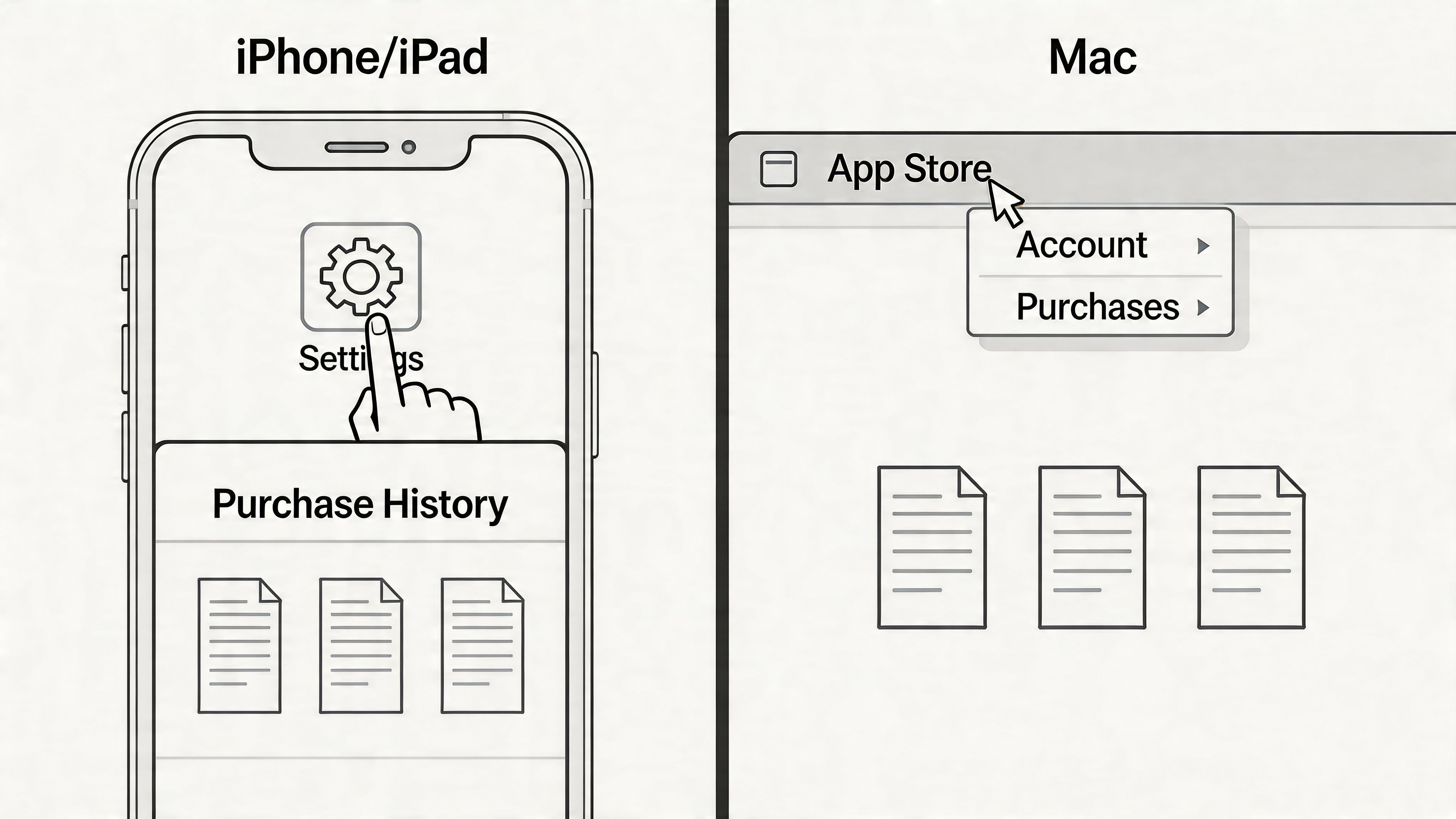 An instructional graphic showing how to access purchase history receipts on iPhone, iPad, and Mac devices.
