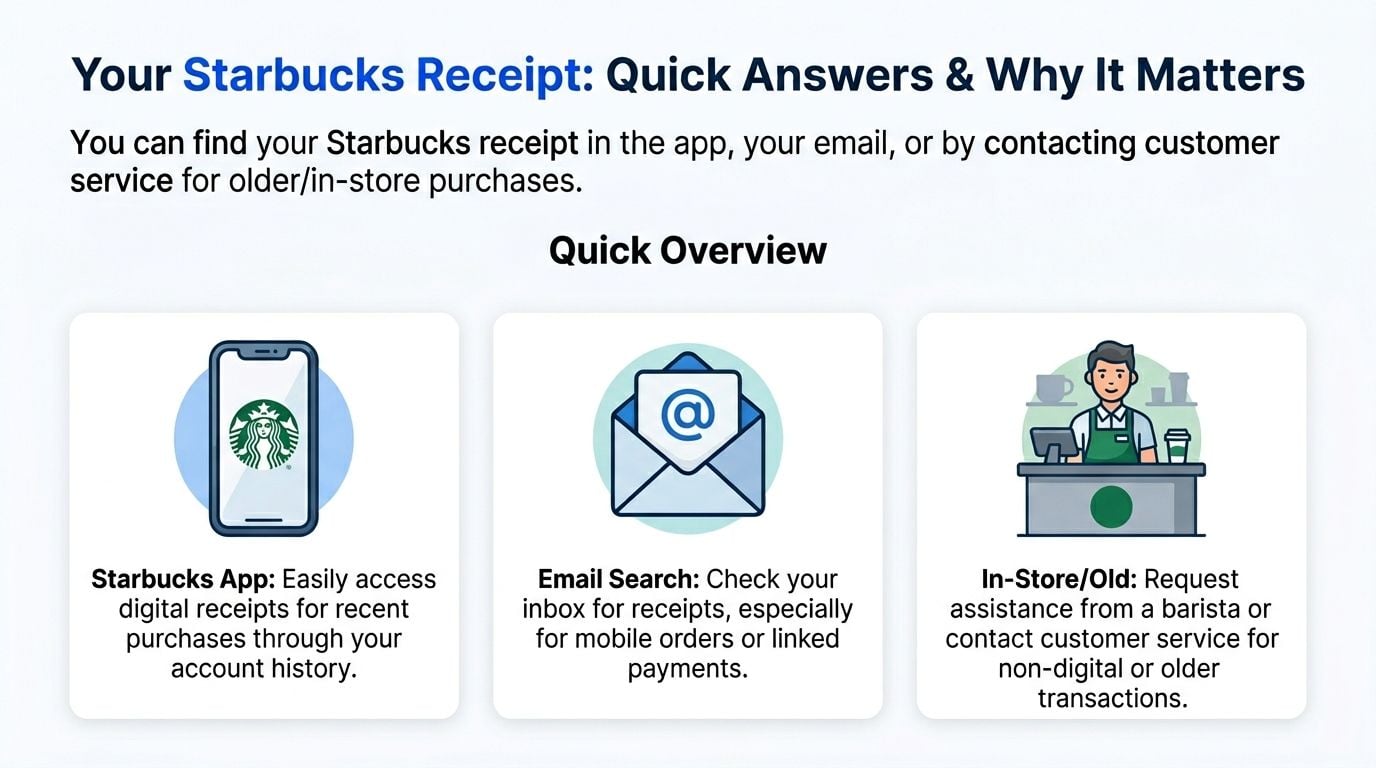 A graphic explaining how to find Starbucks receipts via the app, email, or customer service.