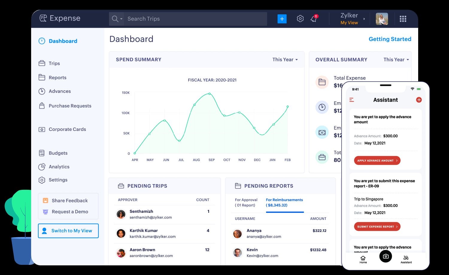 A comprehensive expense management dashboard with financial data, pending items, and a mobile assistant interface.