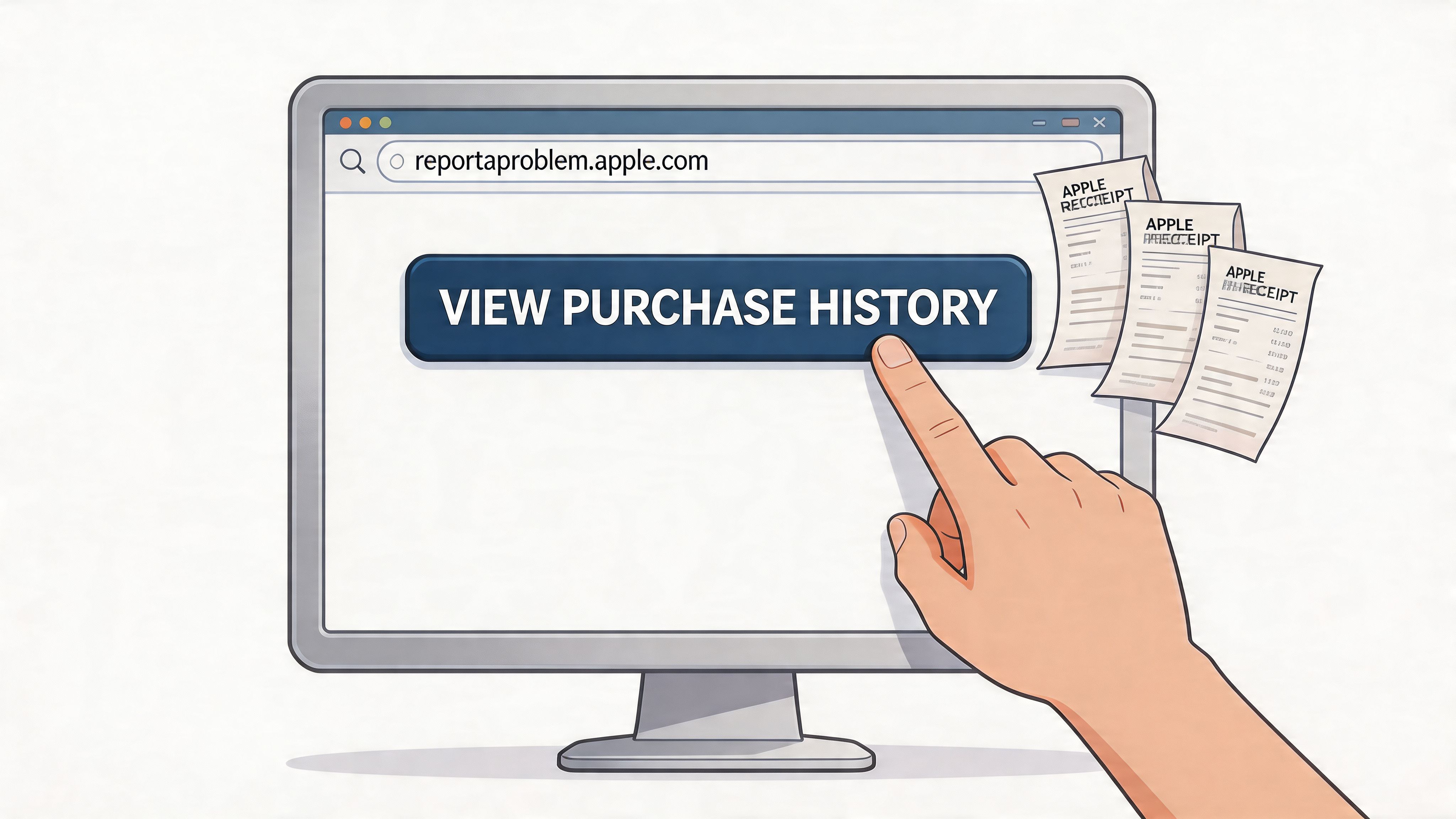 A hand clicking a View Purchase History button on a web browser displaying the Apple support website.