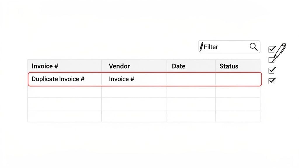 A digital interface displaying an invoice table with a highlighted row indicating a duplicate invoice.