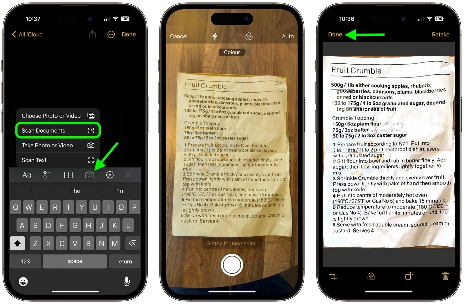 Three iPhone screenshots demonstrating scanning a fruit crumble recipe document using the camera app.