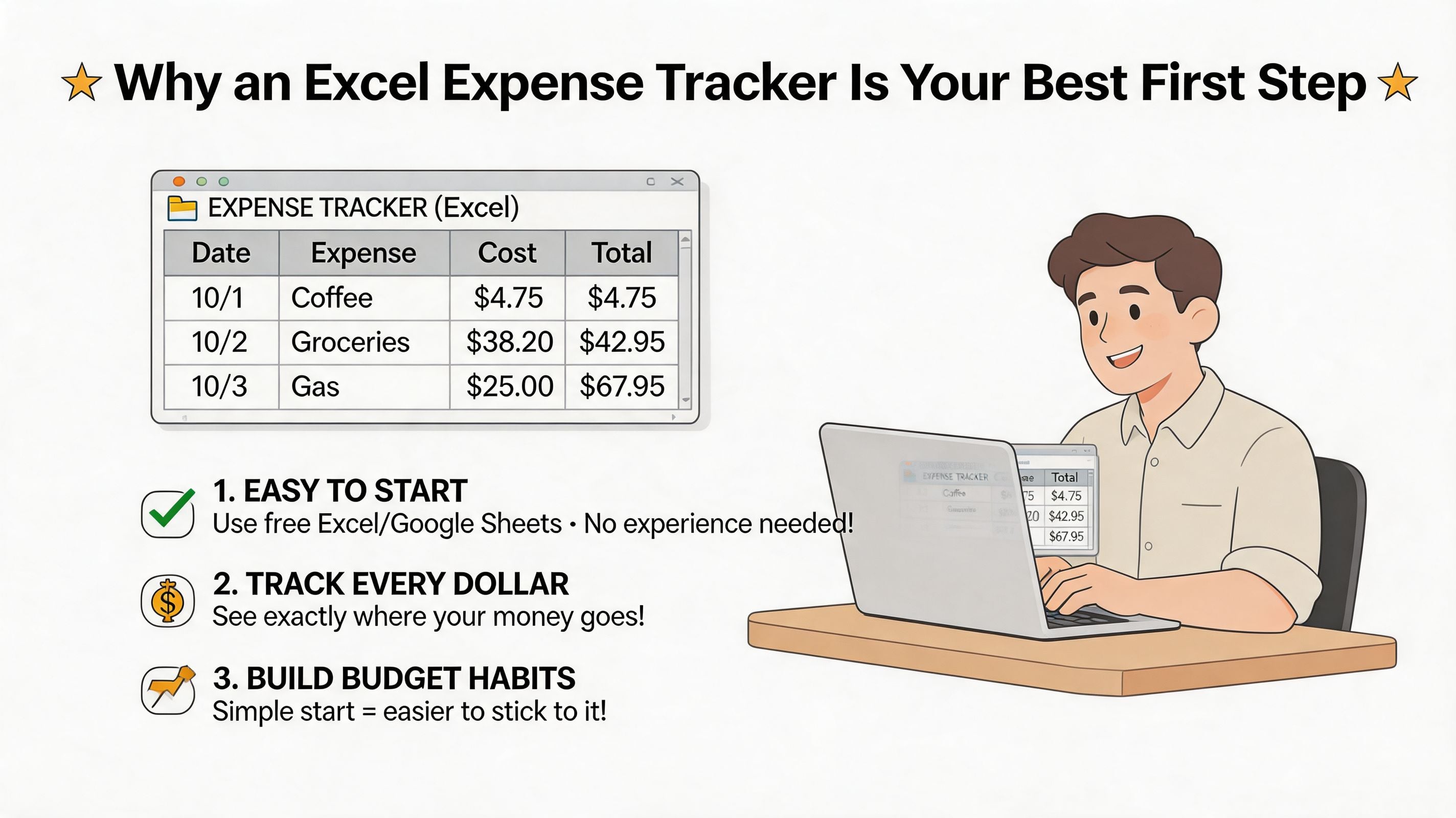 A man working on his laptop showing an Excel spreadsheet for personal finance and expense tracking.