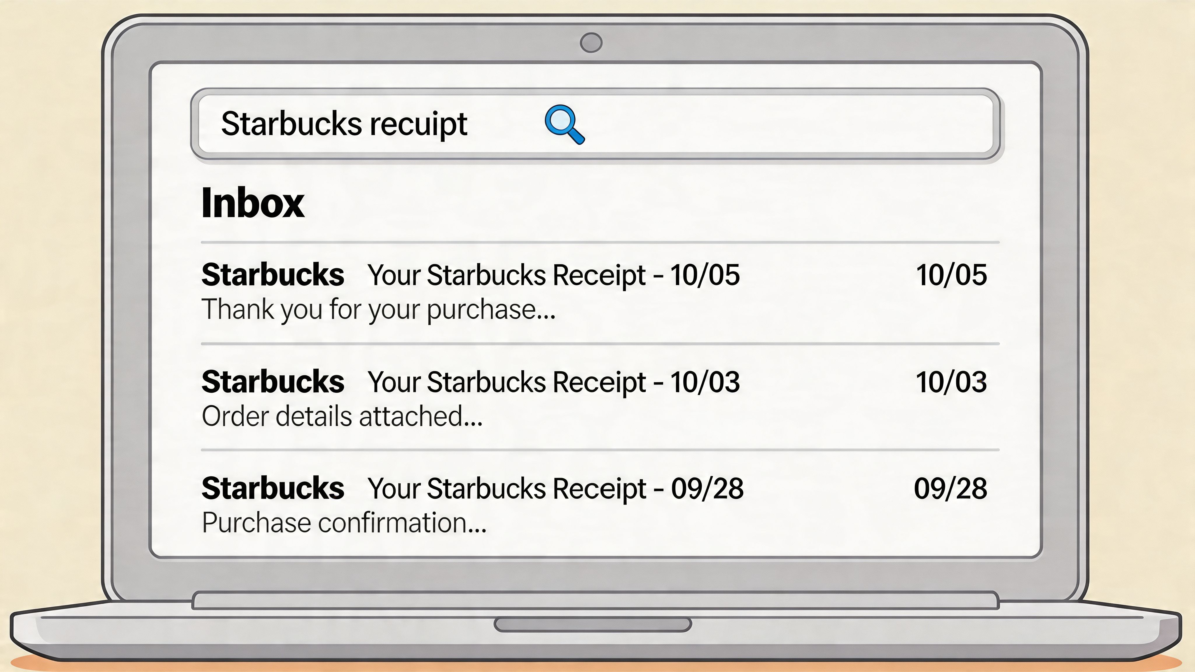 A laptop screen displaying a search for Starbucks receipts within an email inbox list.