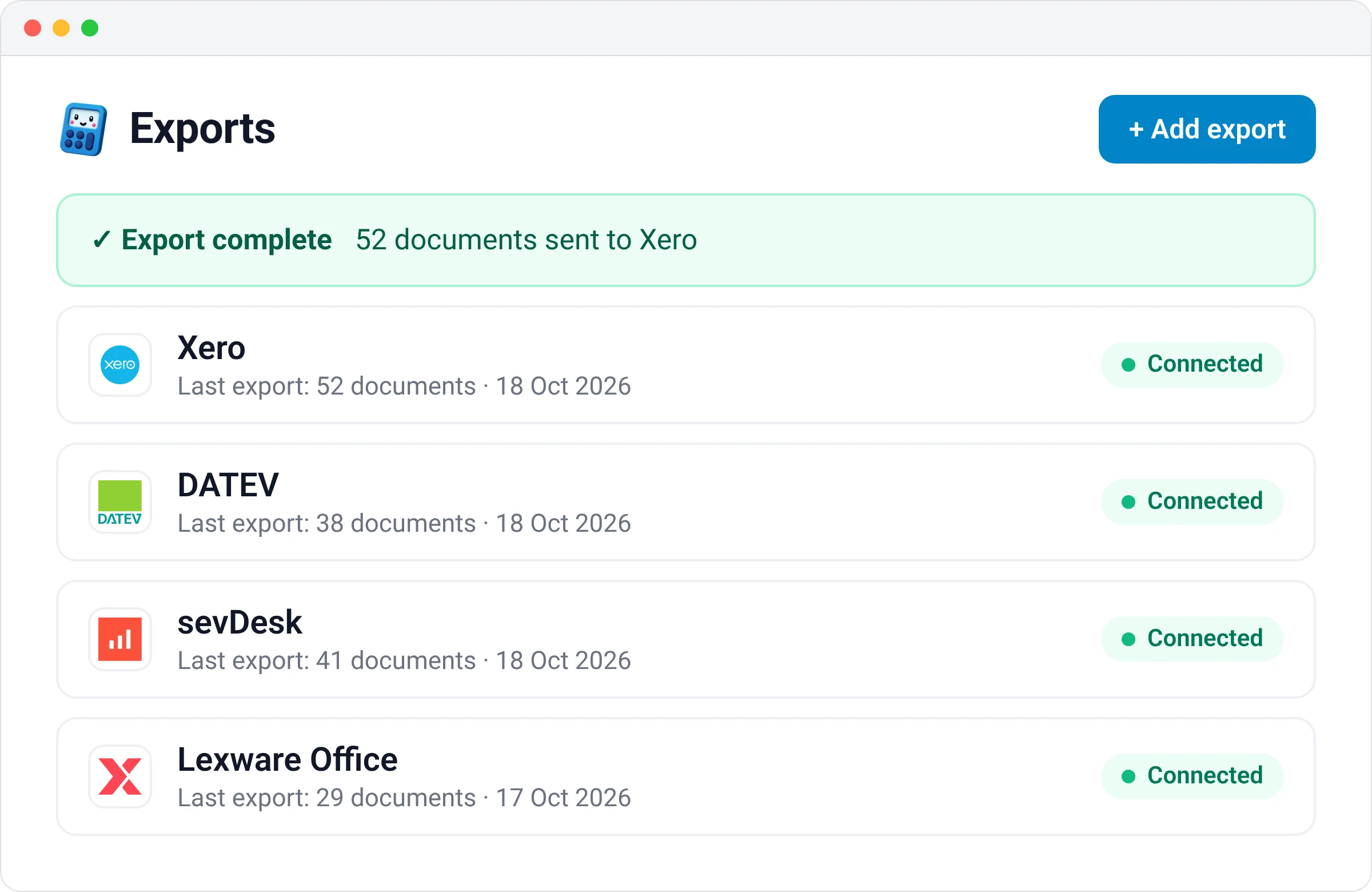 Booksmate Exports page, sending invoices to Xero as draft bills