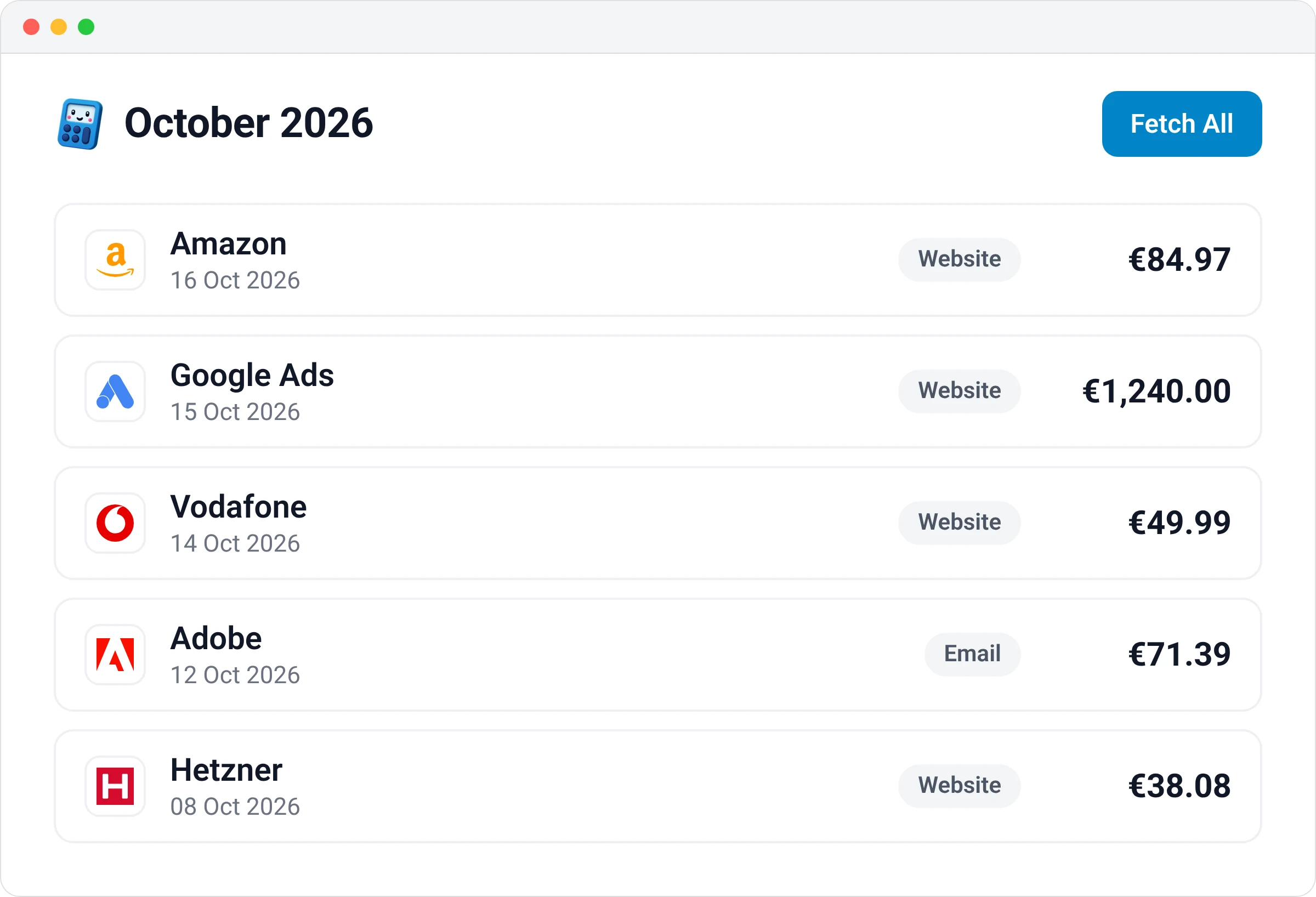 Lista de facturas de Booksmate de octubre de 2026 con facturas de Amazon, Google Ads, Vodafone, Adobe y Hetzner