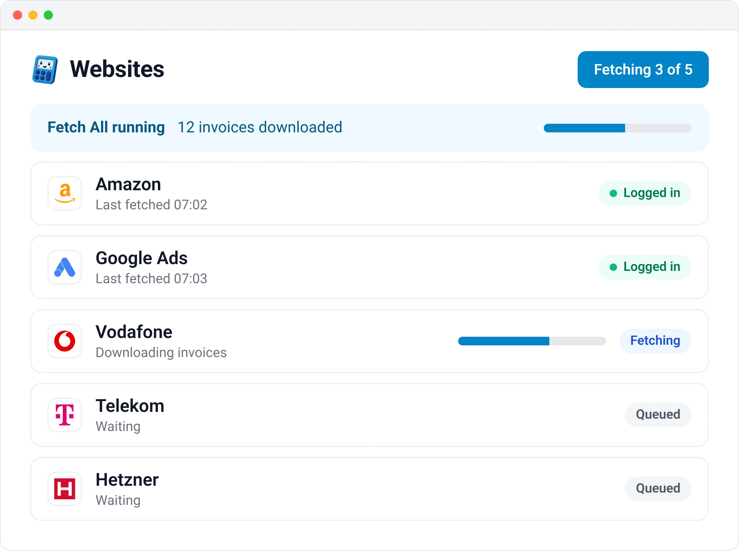 Booksmate descargando facturas de webs de proveedores: Amazon y Google Ads conectados, Vodafone descargando